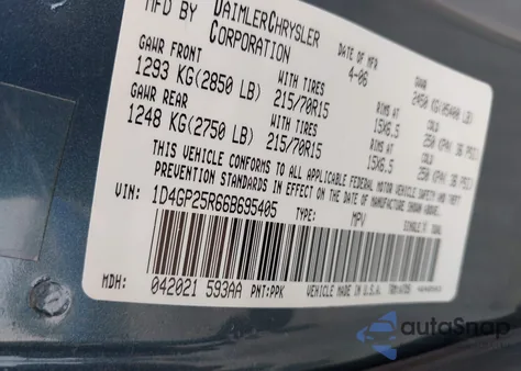 2006 Dodge Caravan Se z USA, uszkodzony, nr VIN 1D4GP25R66B695405